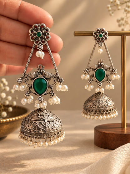 Swani Green Emerald Monalisa Stone Pearl Jhumka Earrings
