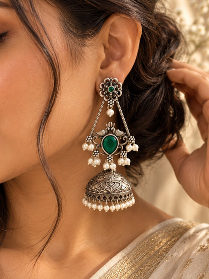 Swani Green Emerald Monalisa Stone Pearl Jhumka Earrings