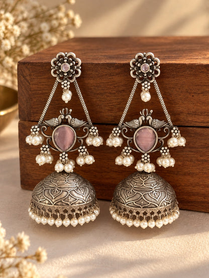 Swani Pink Monalisa Stone Pearl Jhumka Earrings