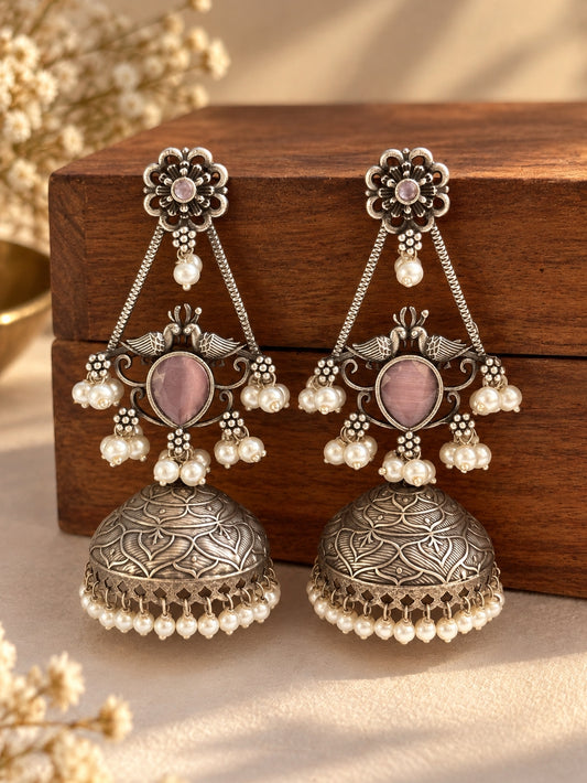 Swani Pink Monalisa Stone Pearl Jhumka Earrings