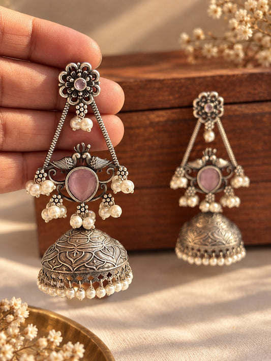 Swani Pink Monalisa Stone Pearl Jhumka Earrings