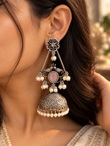 Swani Pink Monalisa Stone Pearl Jhumka Earrings