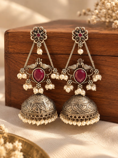 Swani Ruby Red Monalisa Stone Pearl Jhumka Earrings