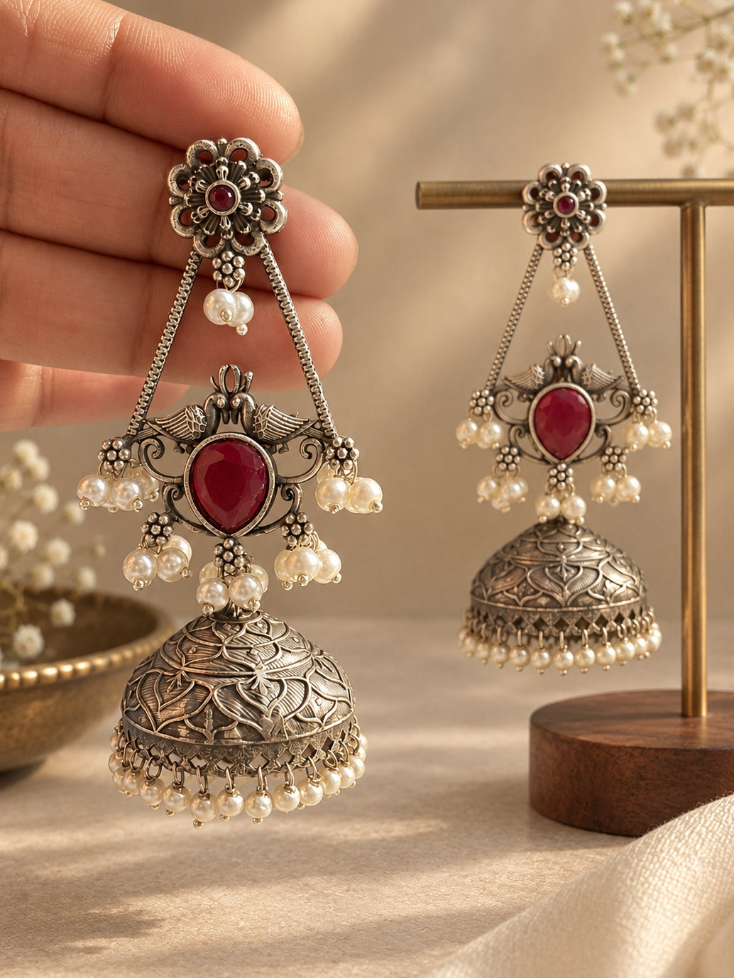 Swani Ruby Red Monalisa Stone Pearl Jhumka Earrings