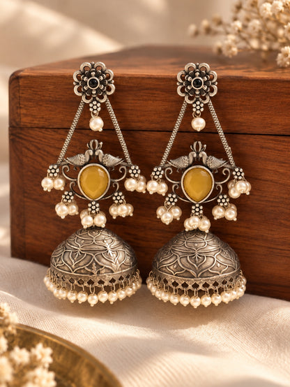 Swani Yellow Monalisa Stone Pearl Jhumka Earrings