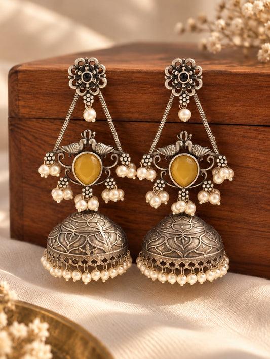 Swani Yellow Monalisa Stone Pearl Jhumka Earrings
