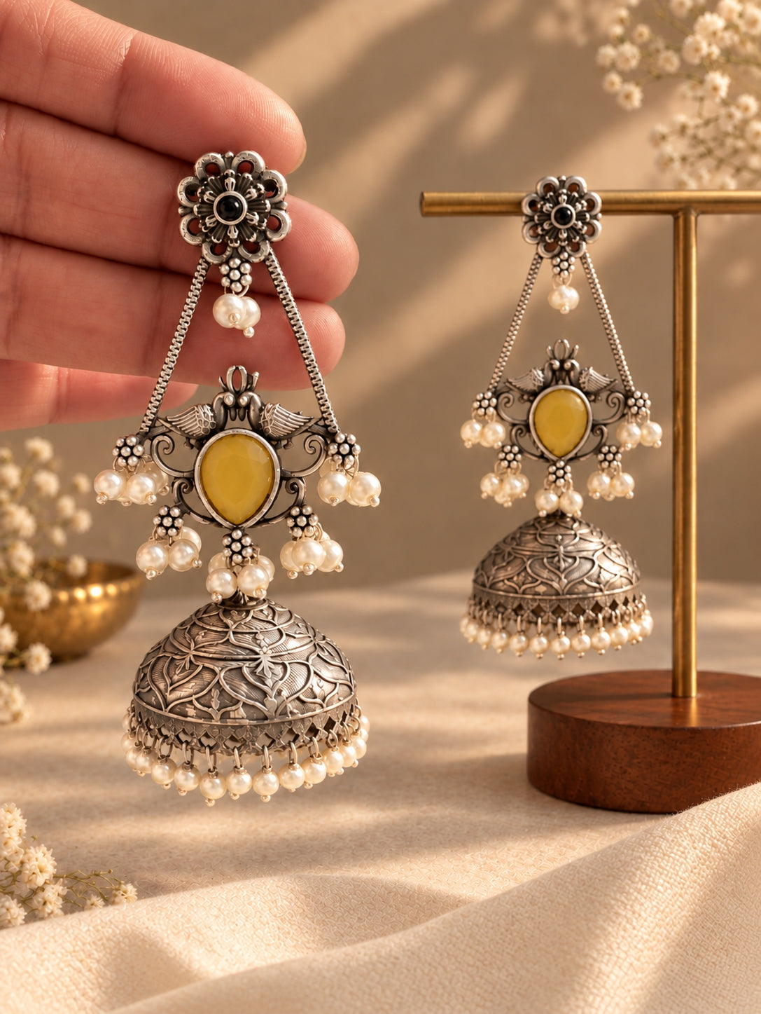 Swani Yellow Monalisa Stone Pearl Jhumka Earrings