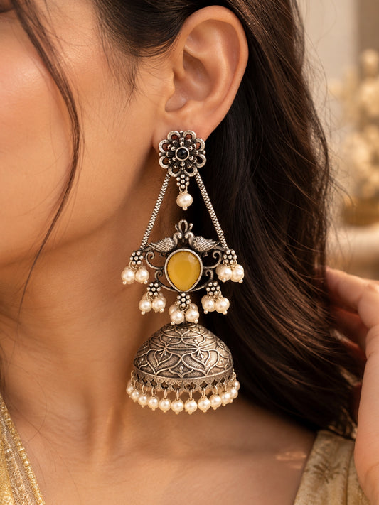 Swani Yellow Monalisa Stone Pearl Jhumka Earrings