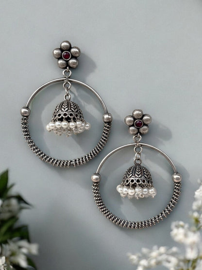 Swarali Red Monalisa Stone Bali Jhumka Earrings