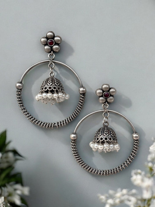 Swarali Red Monalisa Stone Bali Jhumka Earrings