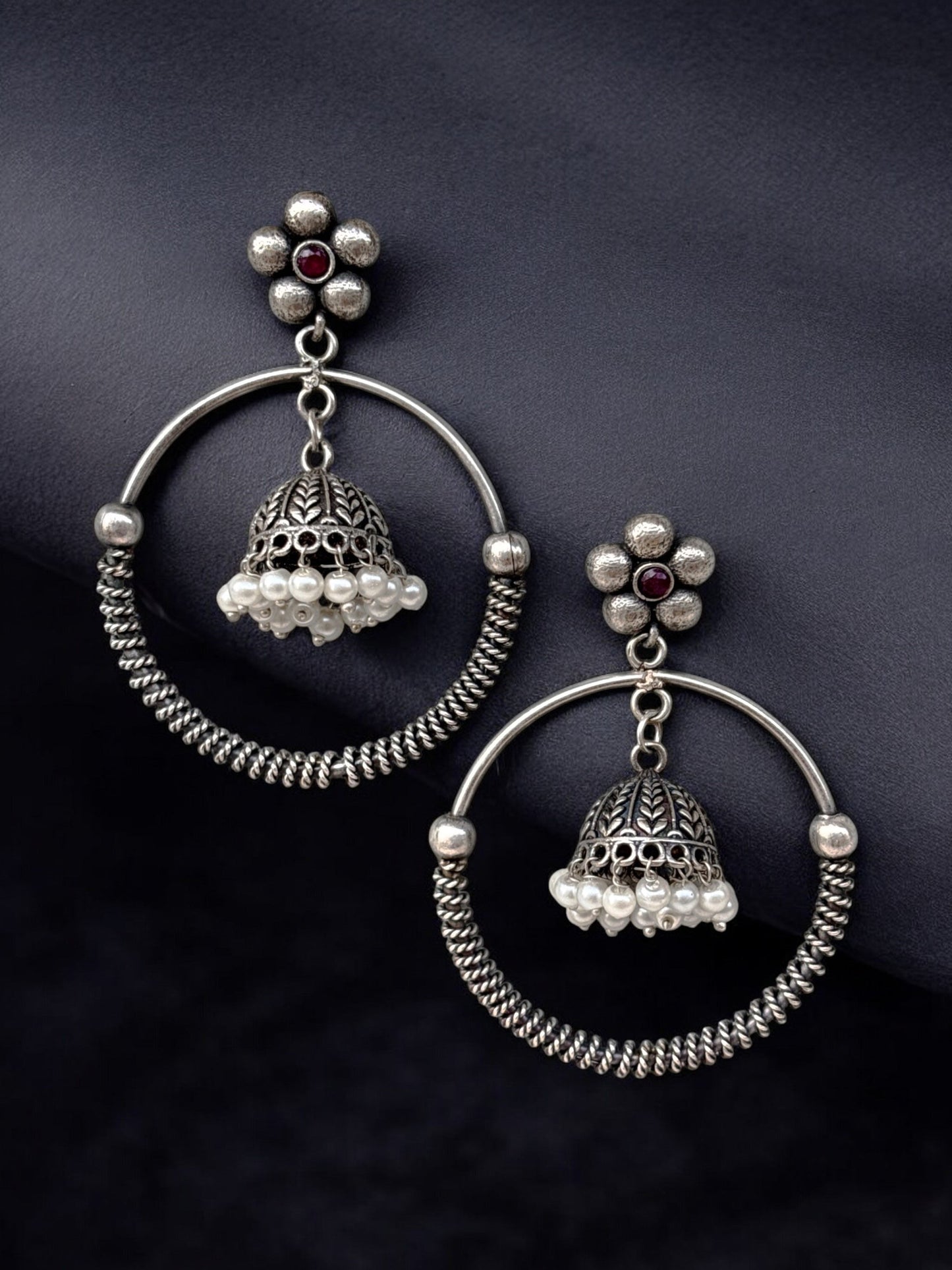 Swarali Red Monalisa Stone Bali Jhumka Earrings
