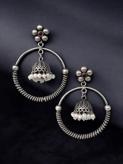 Swarali Red Monalisa Stone Bali Jhumka Earrings