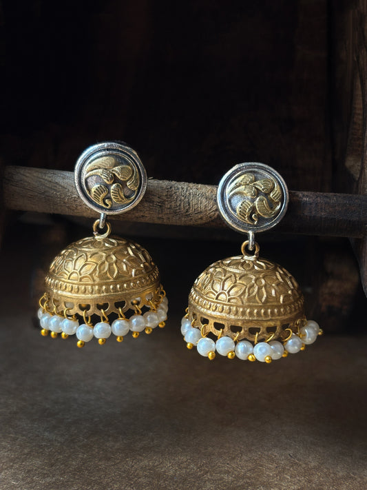 Swarnim Dual Tone Oxidized Jhumki Earrings