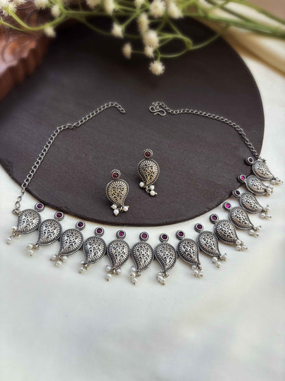 Tamburi Pearl Paisley Oxidised Silver Choker Necklace Set with Earrings