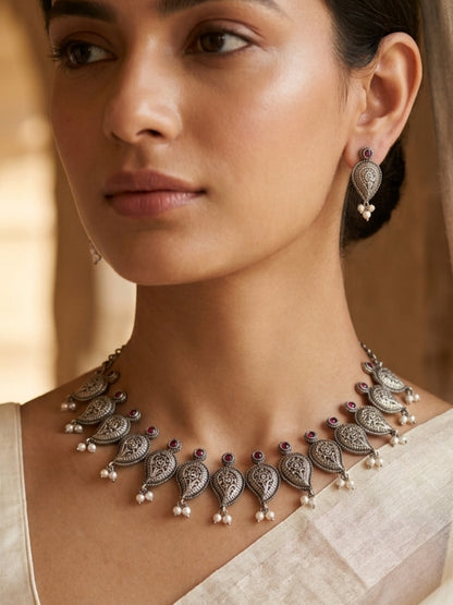 Tamburi Pearl Paisley Oxidised Silver Choker Necklace Set with Earrings