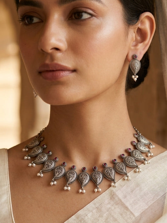 Tamburi Pearl Paisley Oxidised Silver Choker Necklace Set with Earrings