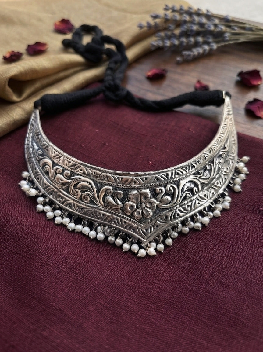 Tavishi Oxidized Silver Hasli Pearl Choker Necklace