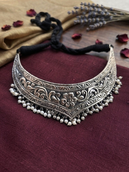 Tavishi Oxidized Silver Hasli Pearl Choker Necklace