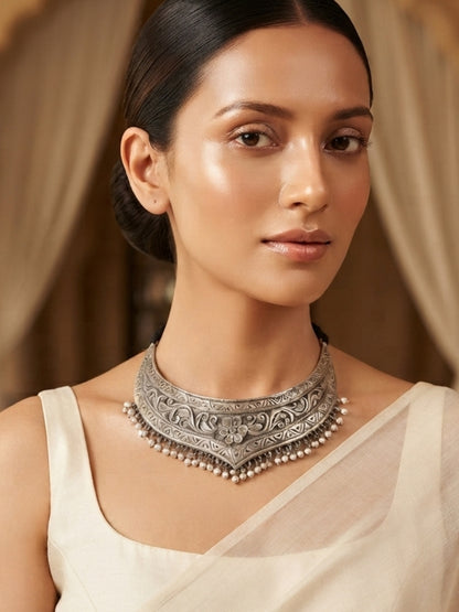Tavishi Oxidized Silver Hasli Pearl Choker Necklace