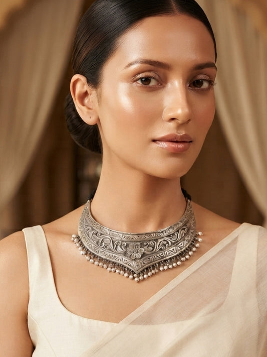 Tavishi Oxidized Silver Hasli Pearl Choker Necklace
