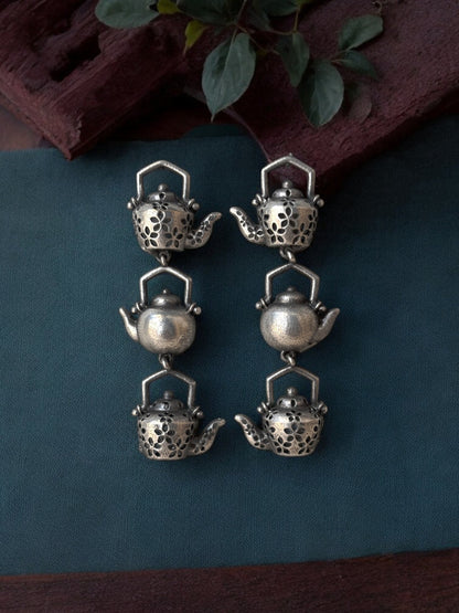 Quirky Tea Party Oxidized Silver Dangle Earrings