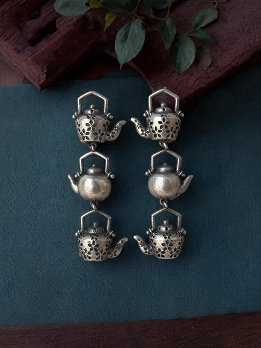 Quirky Tea Party Oxidized Silver Dangle Earrings