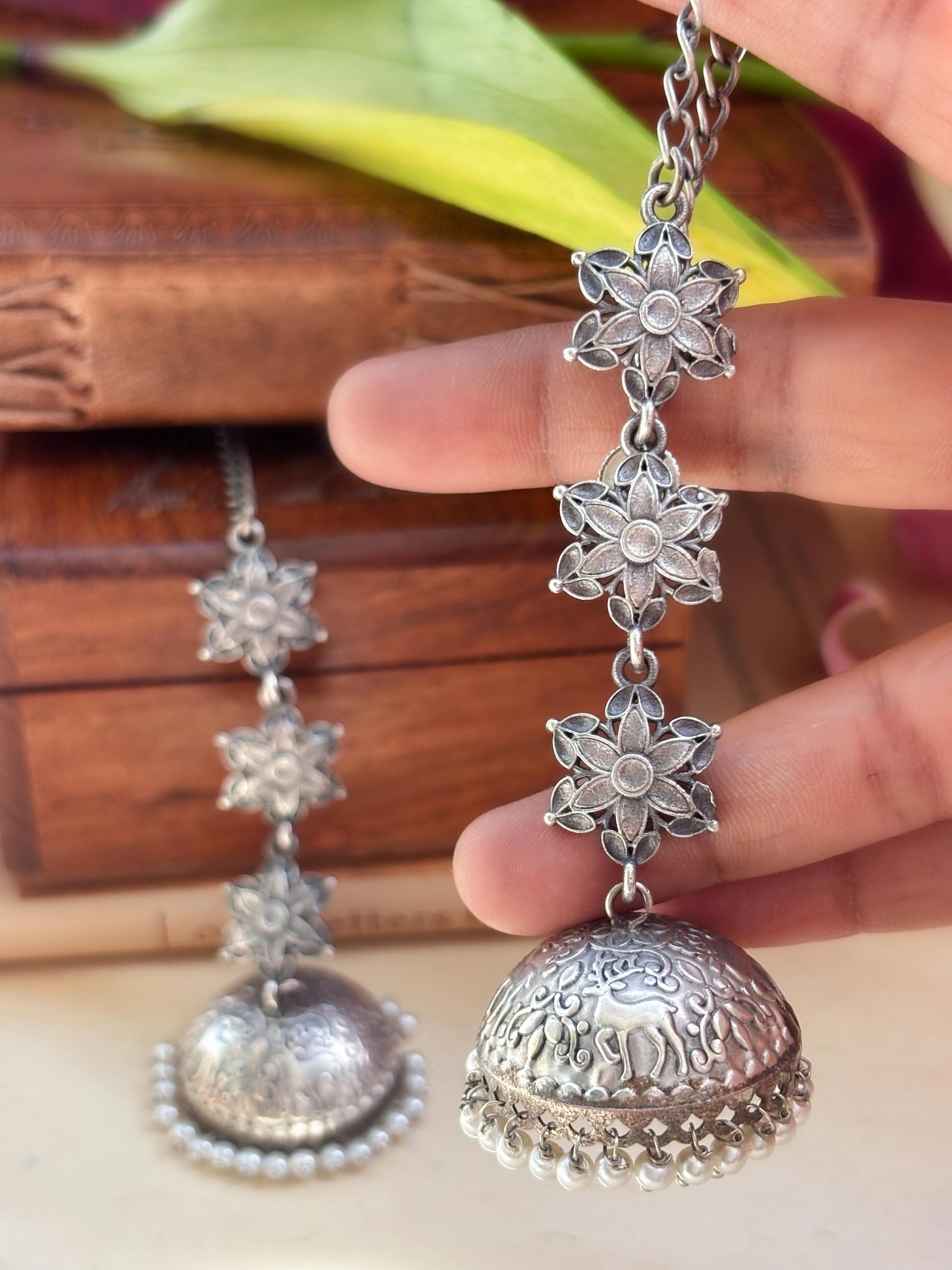 Teen Sitare Pearl Jhumka Chain Earcuff Earrings