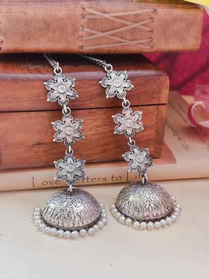 Teen Sitare Pearl Jhumka Chain Earcuff Earrings