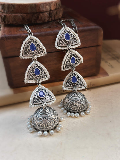 Teen Trikona Blue Monalisa Jhumka Chain Earcuff