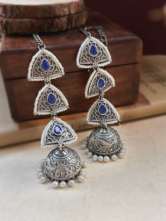 Teen Trikona Blue Monalisa Jhumka Chain Earcuff