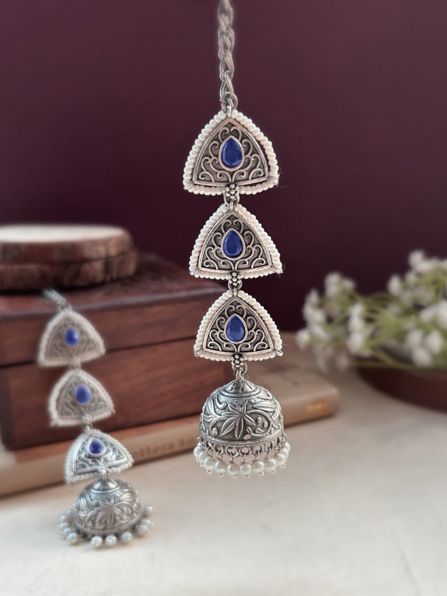 Teen Trikona Blue Monalisa Jhumka Chain Earcuff