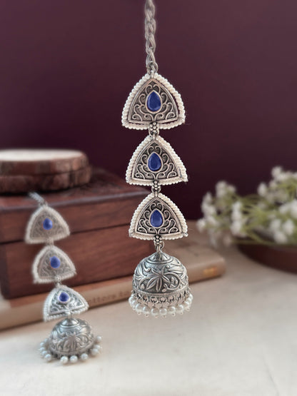 Teen Trikona Blue Monalisa Jhumka Chain Earcuff