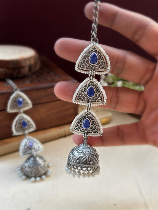 Teen Trikona Blue Monalisa Jhumka Chain Earcuff