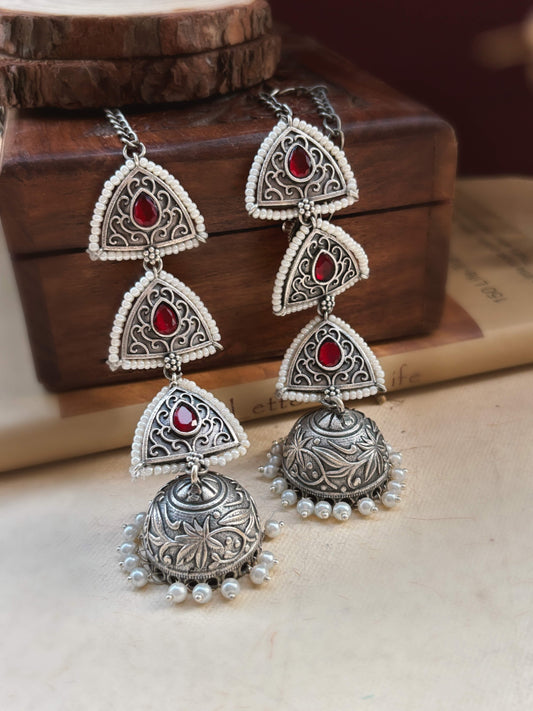 Teen Trikona Red Monalisa Jhumka Chain Earcuff