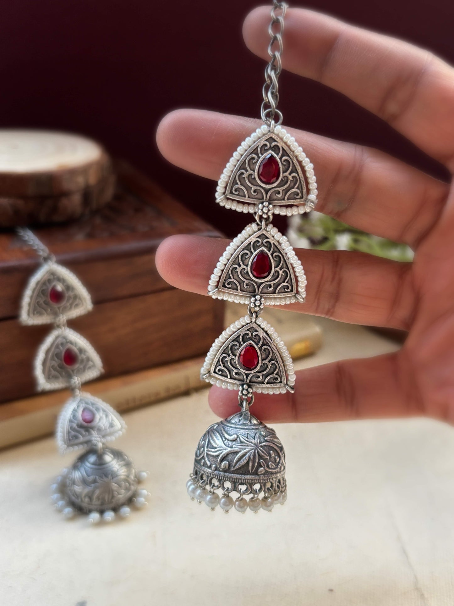 Teen Trikona Red Monalisa Jhumka Chain Earcuff