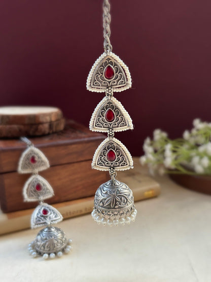 Teen Trikona Red Monalisa Jhumka Chain Earcuff