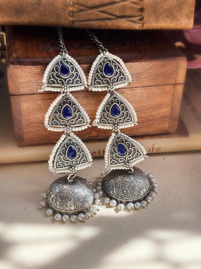 Teen Trikona Blue Monalisa Jhumka Chain Earcuff