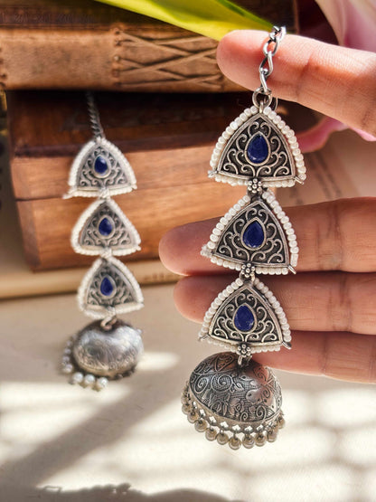 Teen Trikona Blue Monalisa Jhumka Chain Earcuff