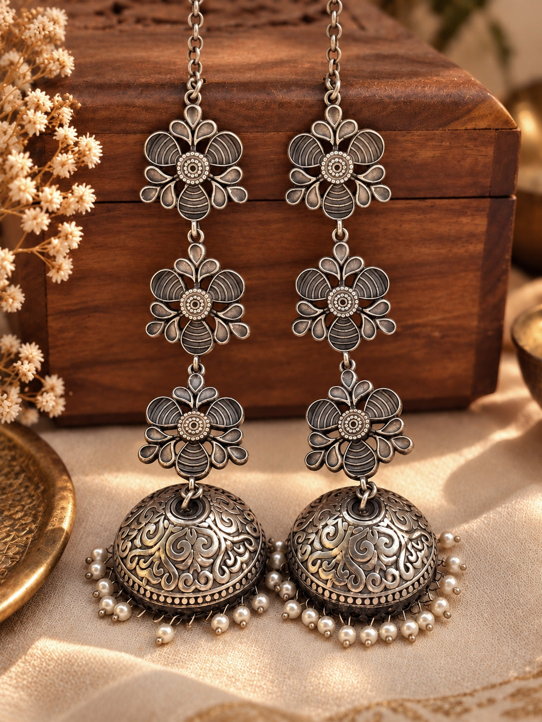 Teen Triparna Pearl Jhumka Chain Earrings | 3-Layer Oxidized Silver Boho Earrings