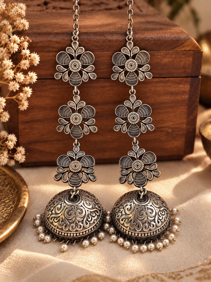 Teen Triparna Pearl Jhumka Chain Earrings | 3-Layer Oxidized Silver Boho Earrings