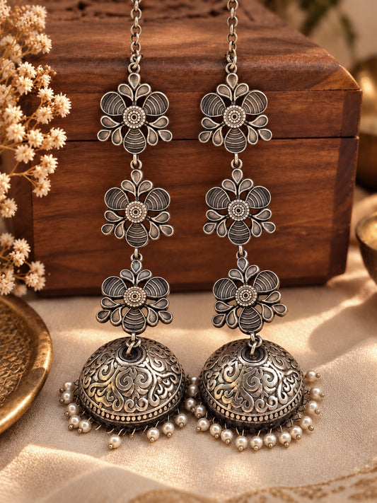 Teen Triparna Pearl Jhumka Chain Earrings | 3-Layer Oxidized Silver Boho Earrings