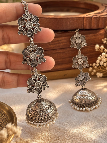 Teen Triparna Pearl Jhumka Chain Earrings | 3-Layer Oxidized Silver Boho Earrings