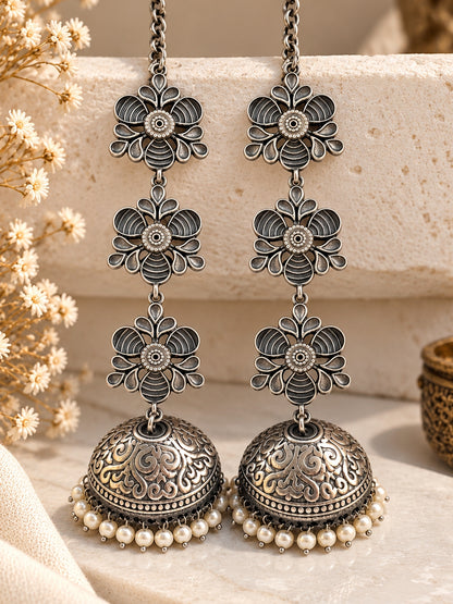 Teen Triparna Pearl Jhumka Chain Earrings | 3-Layer Oxidized Silver Boho Earrings