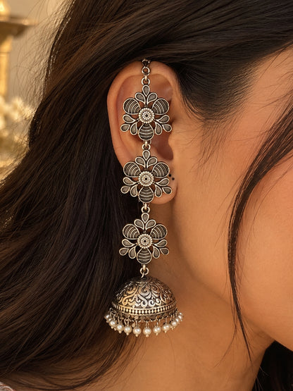 Teen Triparna Pearl Jhumka Chain Earrings | 3-Layer Oxidized Silver Boho Earrings