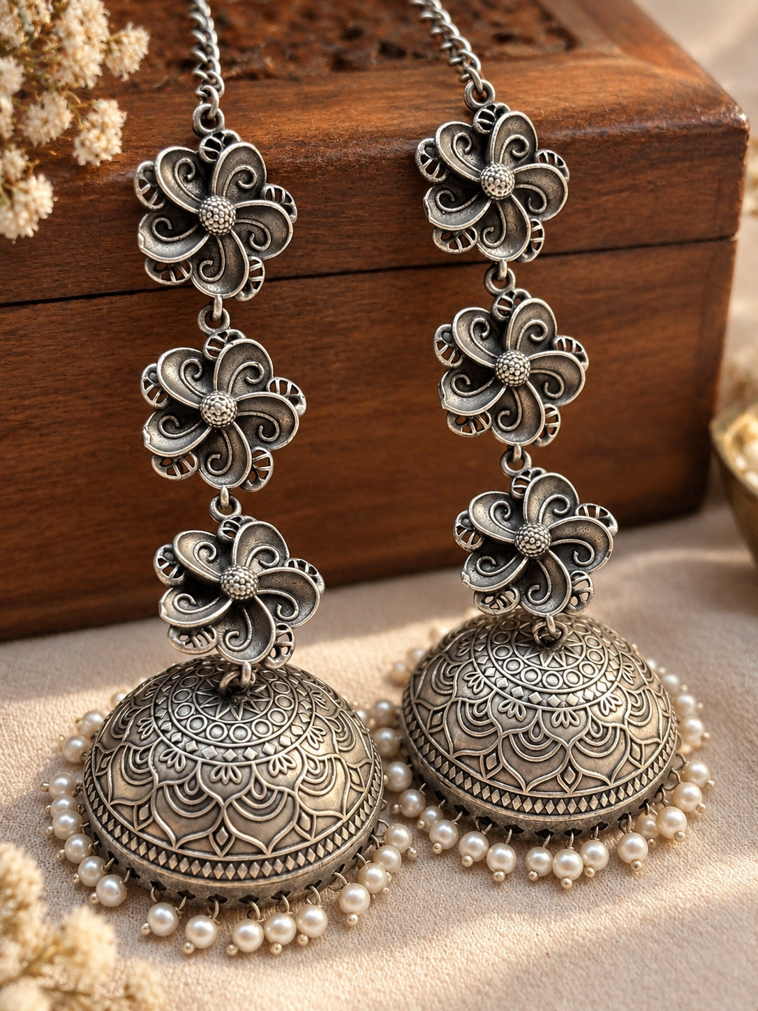 Teen Chakai Pearl Jhumka Chain Earrings | 3-Layer Oxidized Silver Boho Earrings
