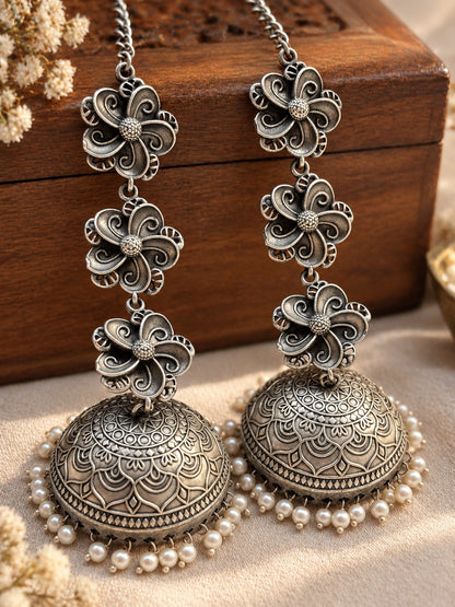 Teen Chakai Pearl Jhumka Chain Earrings | 3-Layer Oxidized Silver Boho Earrings