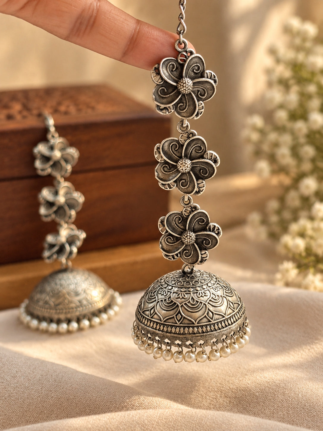 Teen Chakai Pearl Jhumka Chain Earrings | 3-Layer Oxidized Silver Boho Earrings