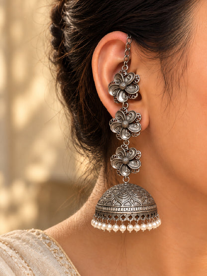 Teen Chakai Pearl Jhumka Chain Earrings | 3-Layer Oxidized Silver Boho Earrings