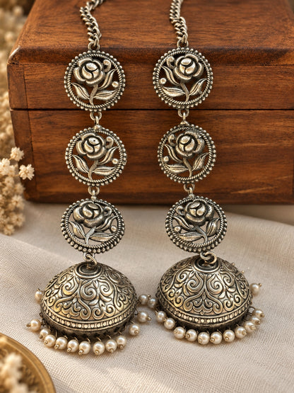 Teen Pushp Pearl Jhumka Chain Earrings | 3-Layer Oxidized Silver Boho Earrings