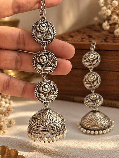 Teen Pushp Pearl Jhumka Chain Earrings | 3-Layer Oxidized Silver Boho Earrings